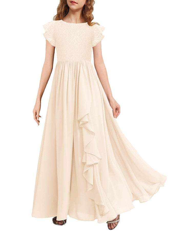 MITILLY Girls Lace Flower Maxi Dress Ruffle Sleeve A-Line Flowy Junior Bridesmaid Chiffon Dresses for Wedding Party 12 Years Cream - Image 1